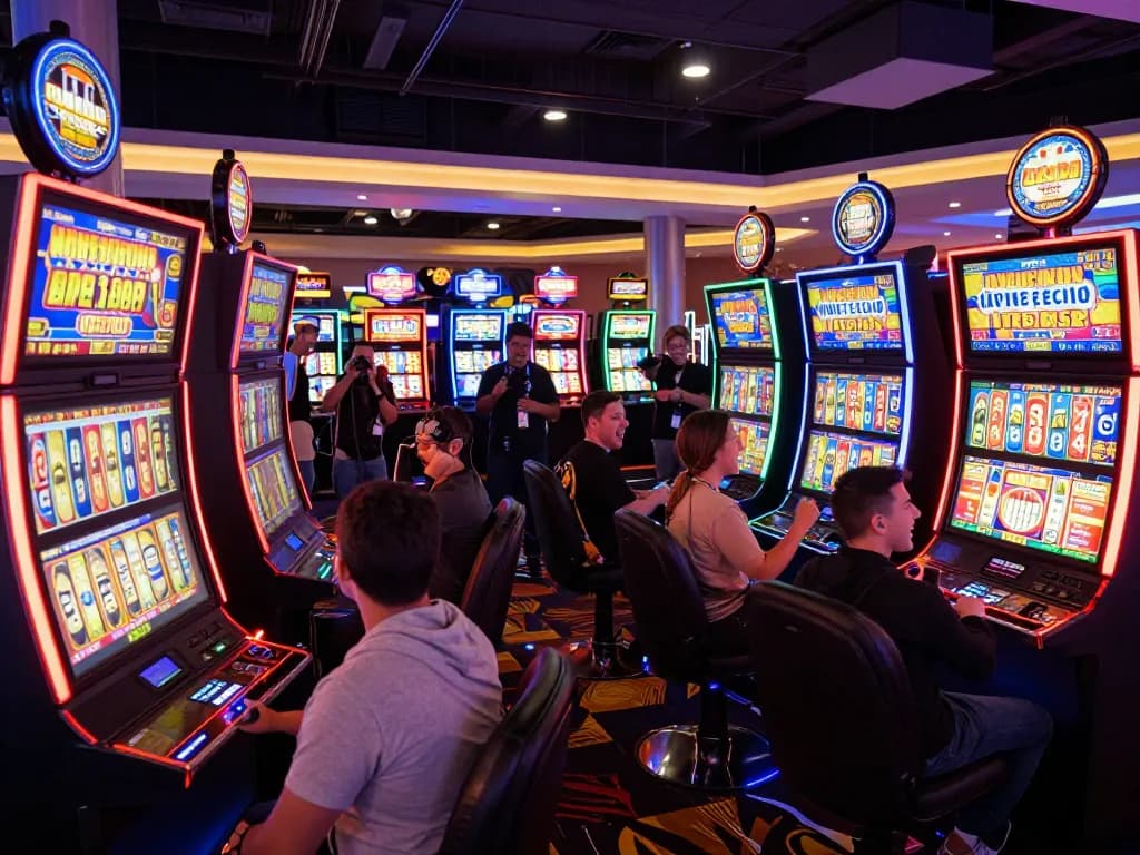 Engaged players celebrating big wins while enjoying ดูหนังใหม่ at vibrant slot machines in a lively casino atmosphere.