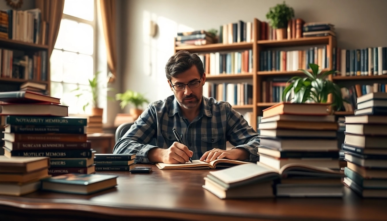 Capture the essence of a Motivational Memoir through a focused author in a cozy library.