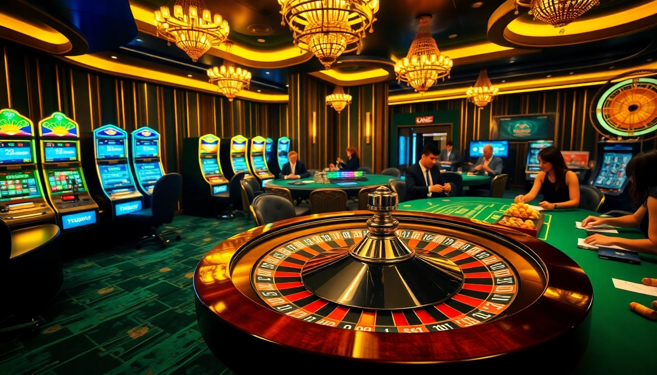 Togelsumo casino menampilkan adegan judi mewah dengan mesin slot, meja poker, dan rolet.