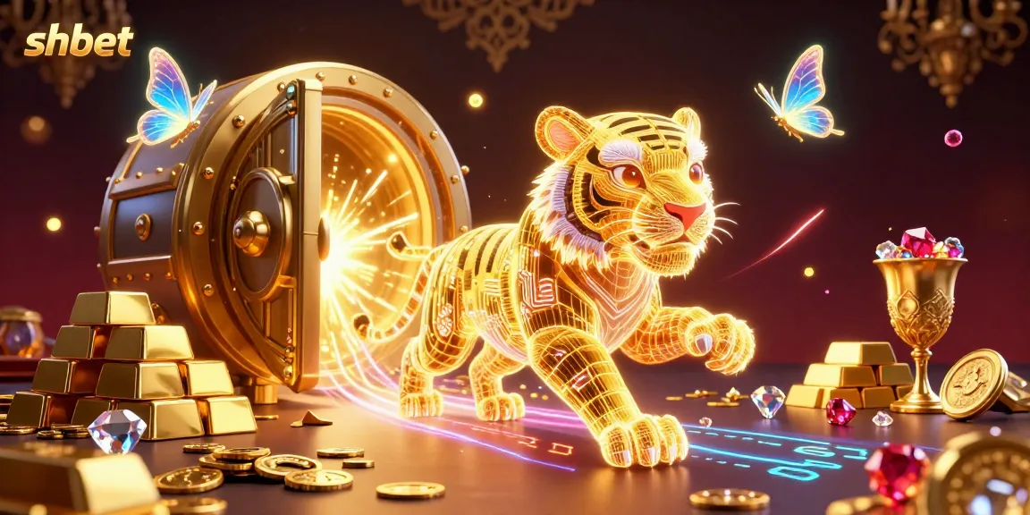 Experience the vibrancy of shbet with a neon tiger in a dazzling digital casino, surrounded by treasures.