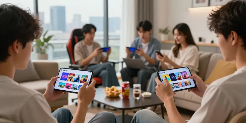 Antarmuka platform JPTOTO dengan pemain muda menggunakan perangkat mobile.