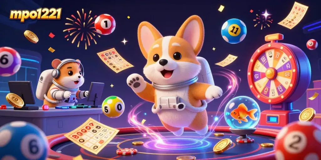 mpo1221 showcases a dynamic casino scene with a floating corgi astronaut, colorful lottery balls, and gaming elements.