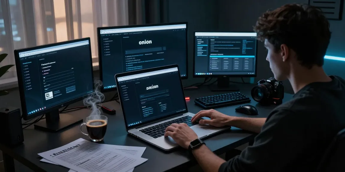 User exploring the hidden wiki dark web on multiple screens in a tech-laden environment, showcasing a laptop and cybersecurity elements.