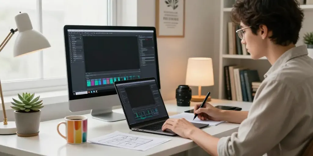 Content creator focused on how to create explainer articles with AI in a modern home office.