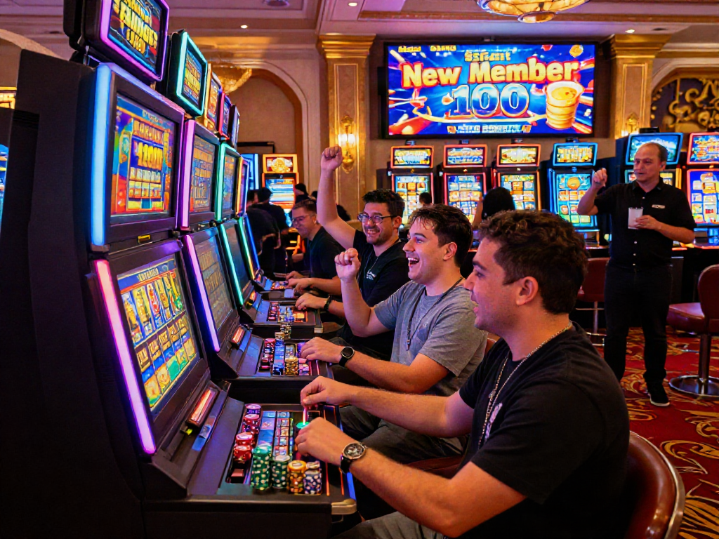 Slot bonus new member 100 celebrated amid joyful casino players enjoying vibrant slot machines and promotions.