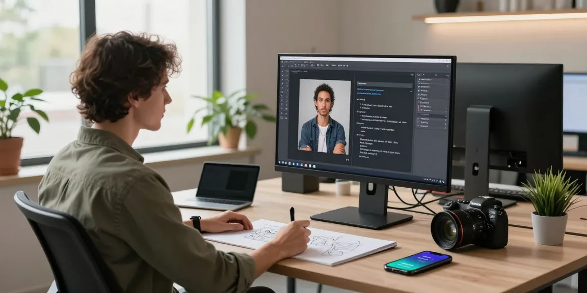 Creative designer generating AI prompt images in a bright workspace