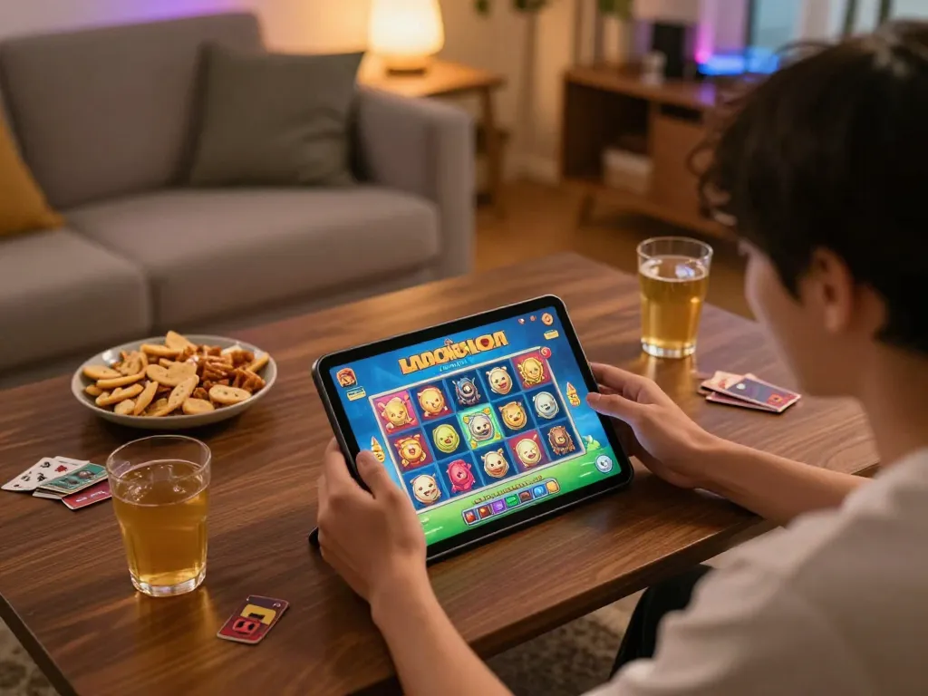 Engaging in slot Mahjong on a tablet during a cozy gaming session at home with snacks
