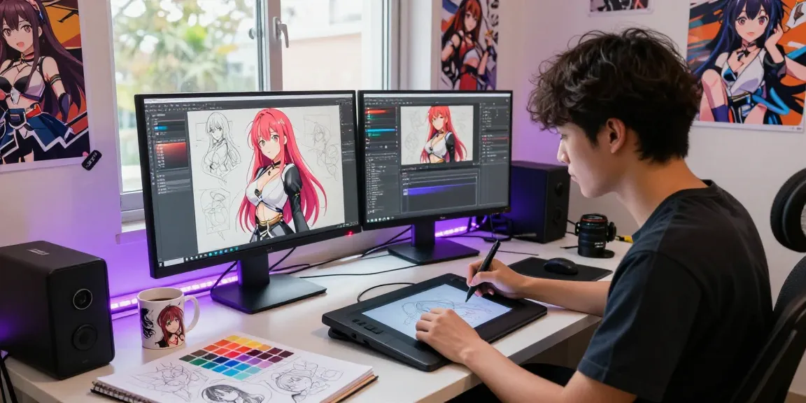 Creative artist designing ai ecchi characters in a vibrant digital art studio