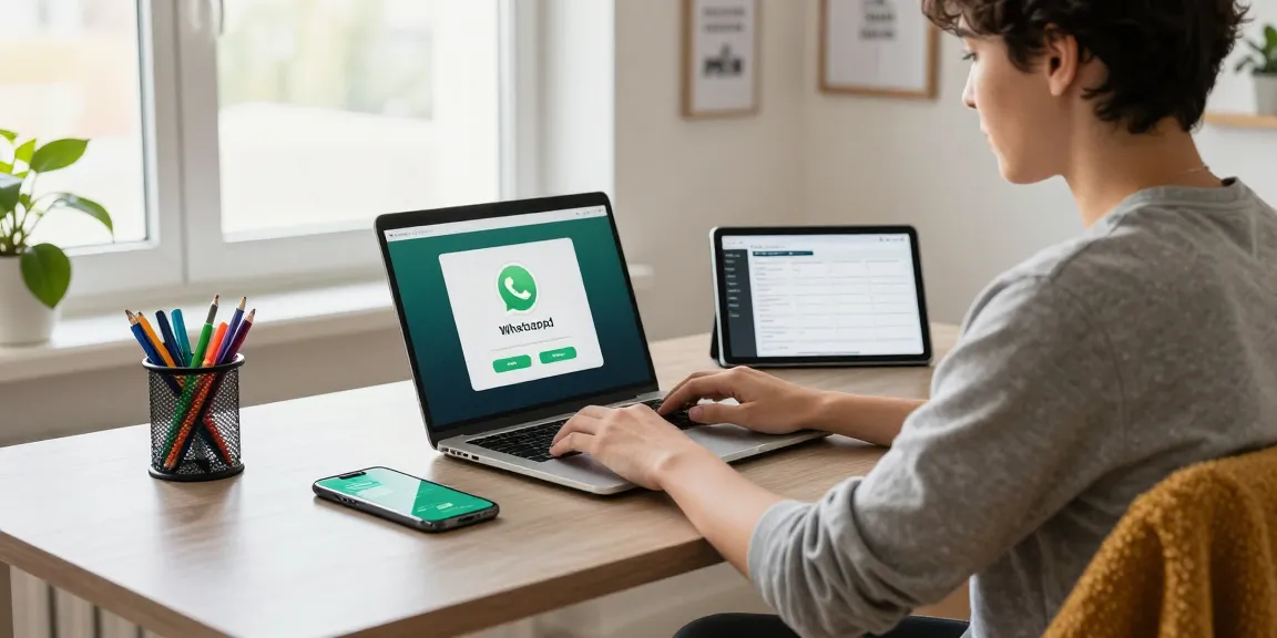 Professional using WhatsApp電腦版 in a modern home office, showcasing a productive workspace.