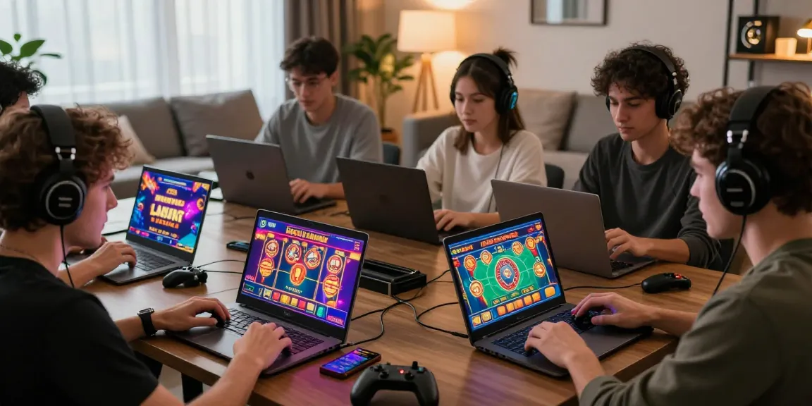 Players engaged in exciting non UKGC casinos in a lively gaming lounge.