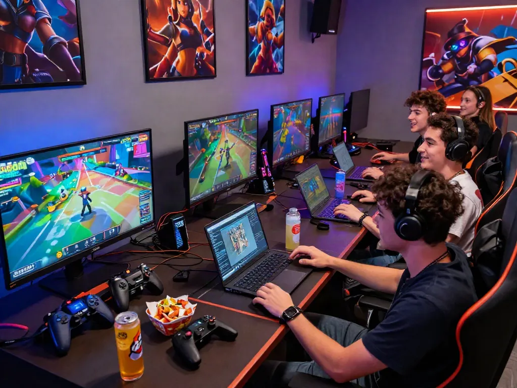 Friends playing slot88 in a vibrant gaming room with immersive visuals and snacks.