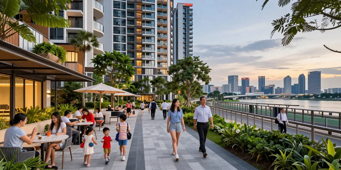 Tanjong Rhu Residences showcasing modern urban living with families enjoying community spaces and waterfront views.