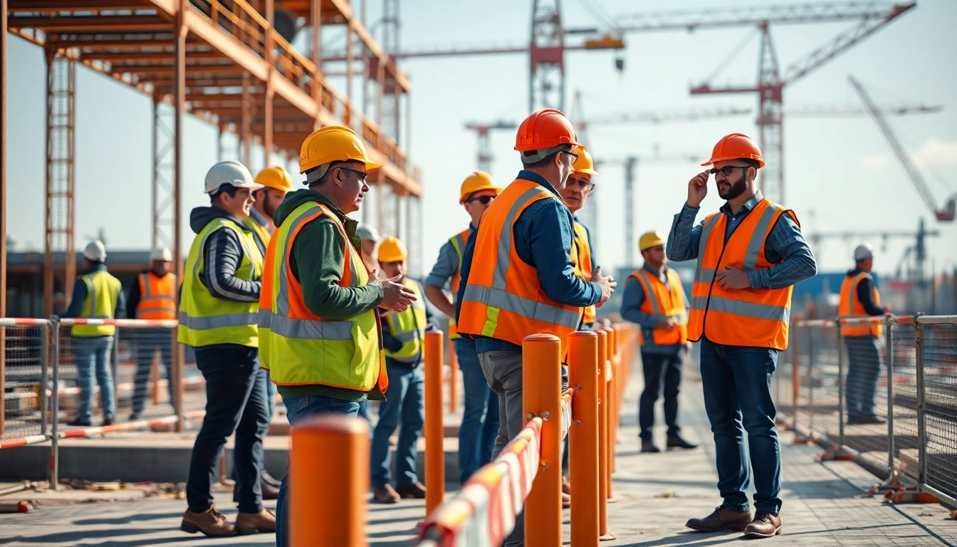 Workers demonstrating construction site safety by inspecting equipment and safety measures.