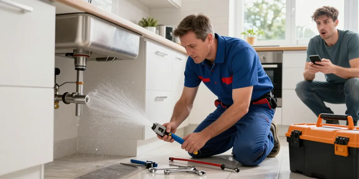 Urgent plumber in Leighton Buzzard fixing a severe kitchen leak amid tools and water spray.