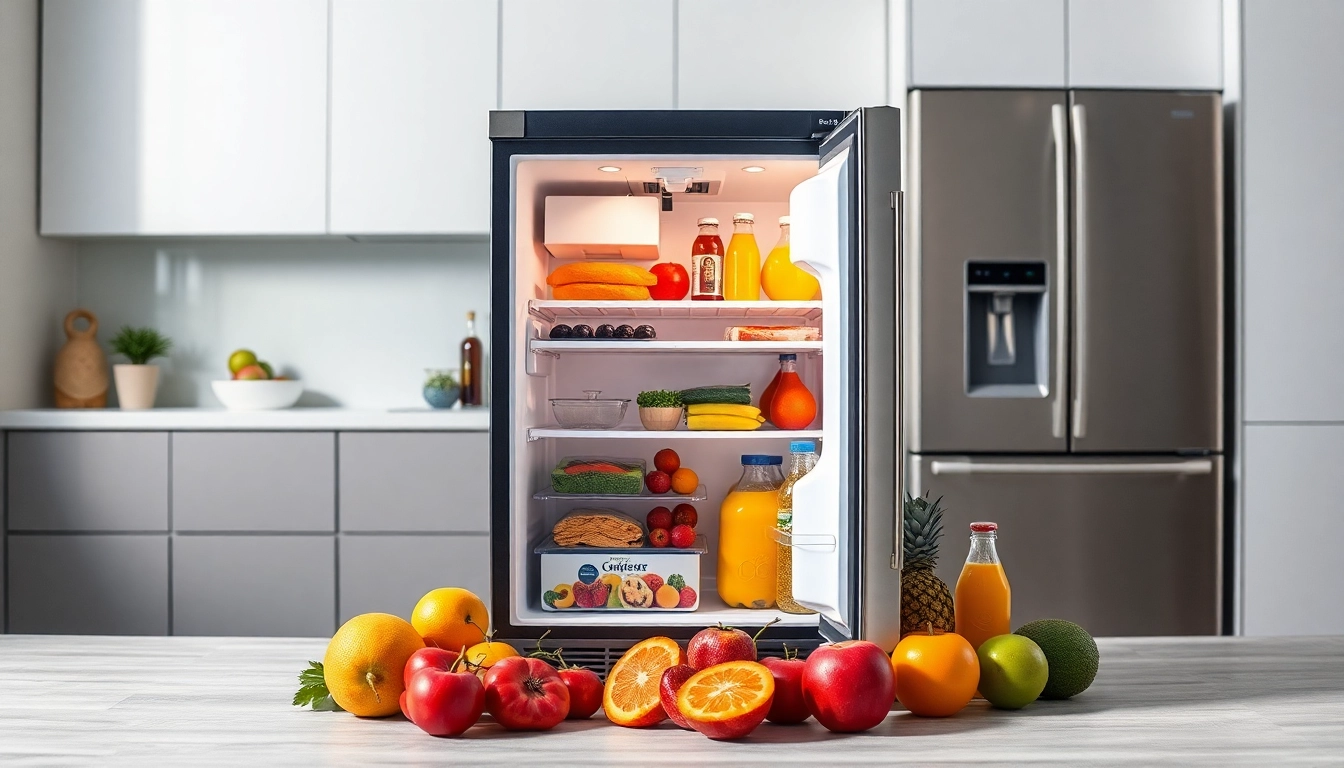 Showcase affordable mini fridge and freezer filled with fresh foods, enhancing kitchen aesthetics.