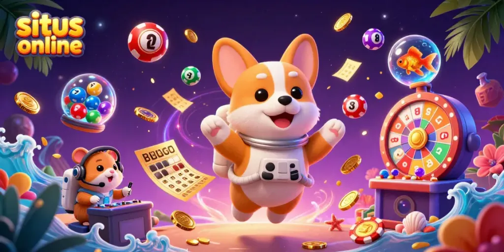 Menggenggam peluang bermain di situs slot online penuh warna dengan koin emas dan karakter menari.