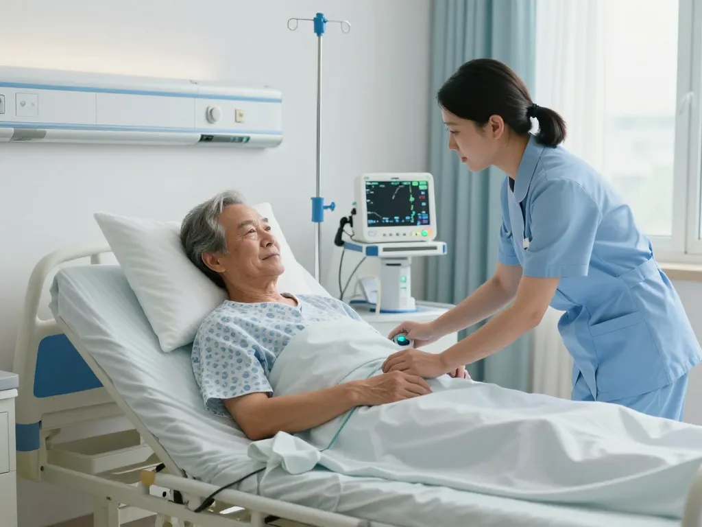 Comfortable giường bệnh nhân in a modern hospital room, showing patient care.