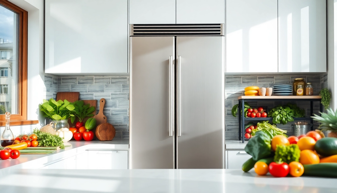 Showcase of a modern Freezer filled with fresh produce in a bright kitchen.