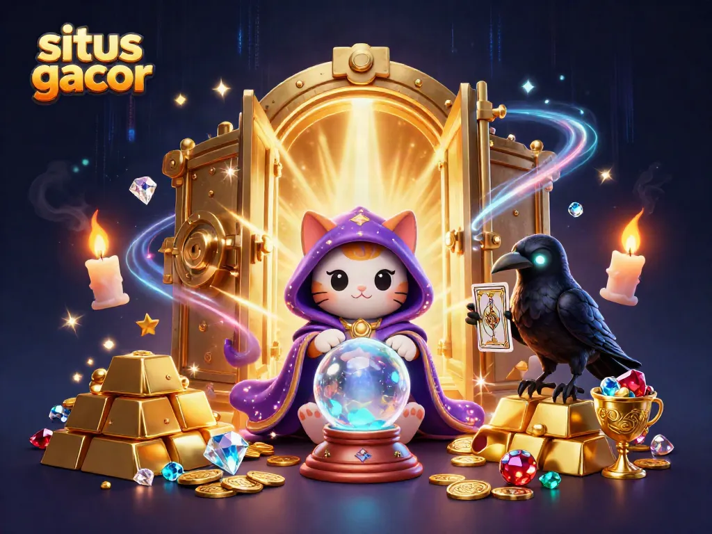 Experience situs gacor magic with a fortune teller cat, tarot raven, and treasures glowing with gold.