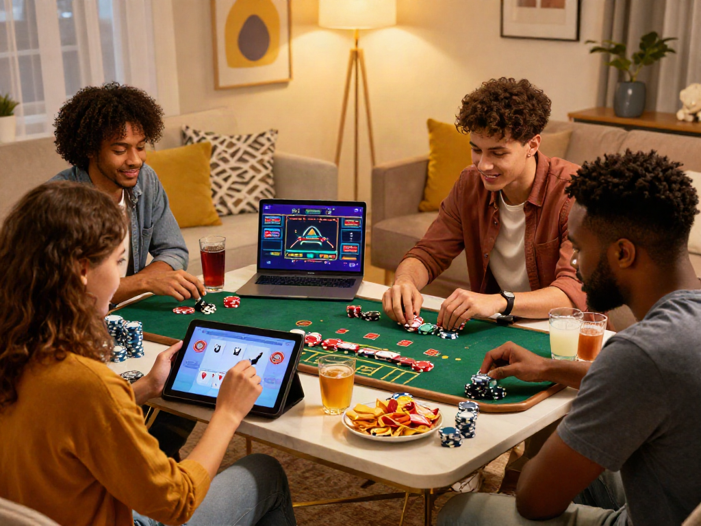 Engaging friends playing casino online blackjack in a cozy living room.