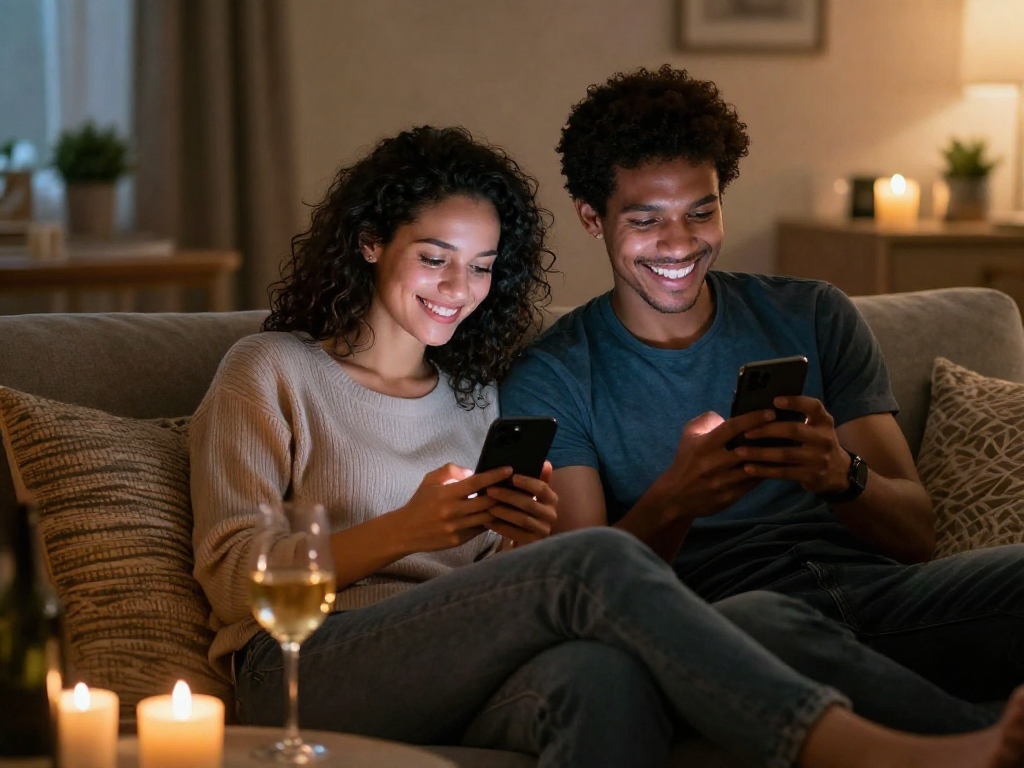 Couple enjoying sexting ai on smartphones in a cozy living room.
