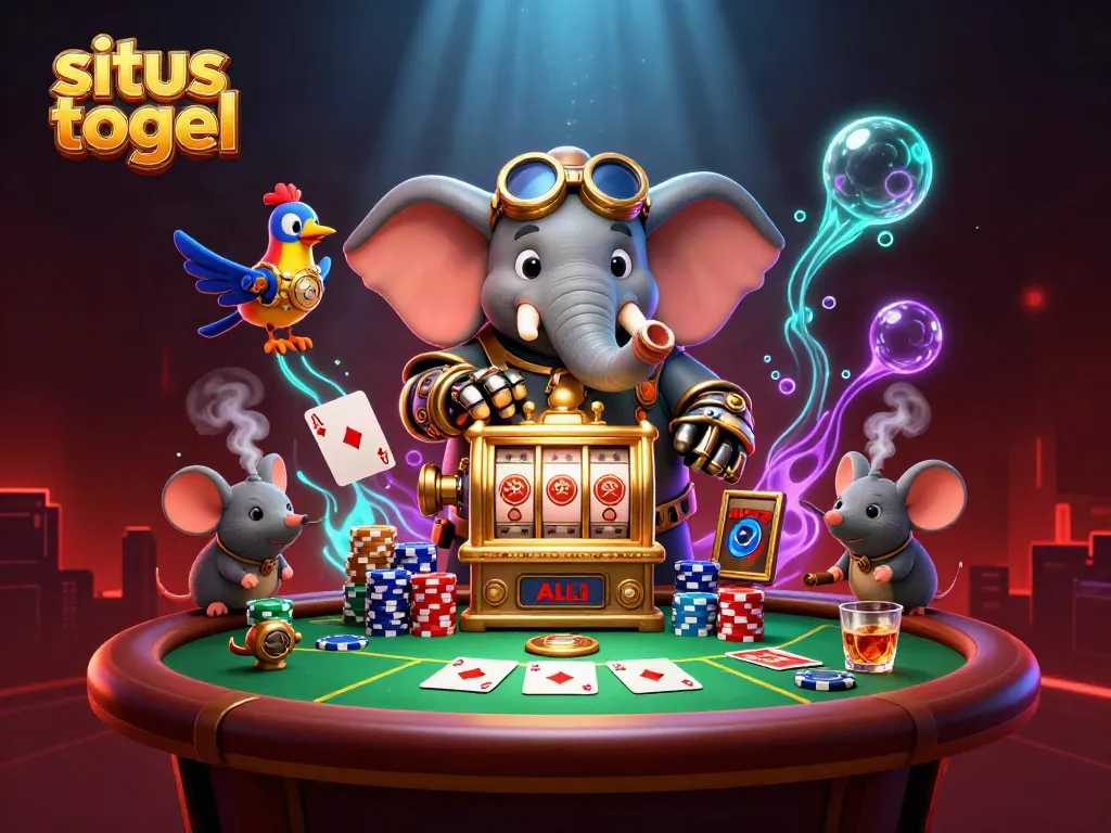 Engage with situs togel through a vibrant 3D illustration featuring steampunk themes and casino elements.