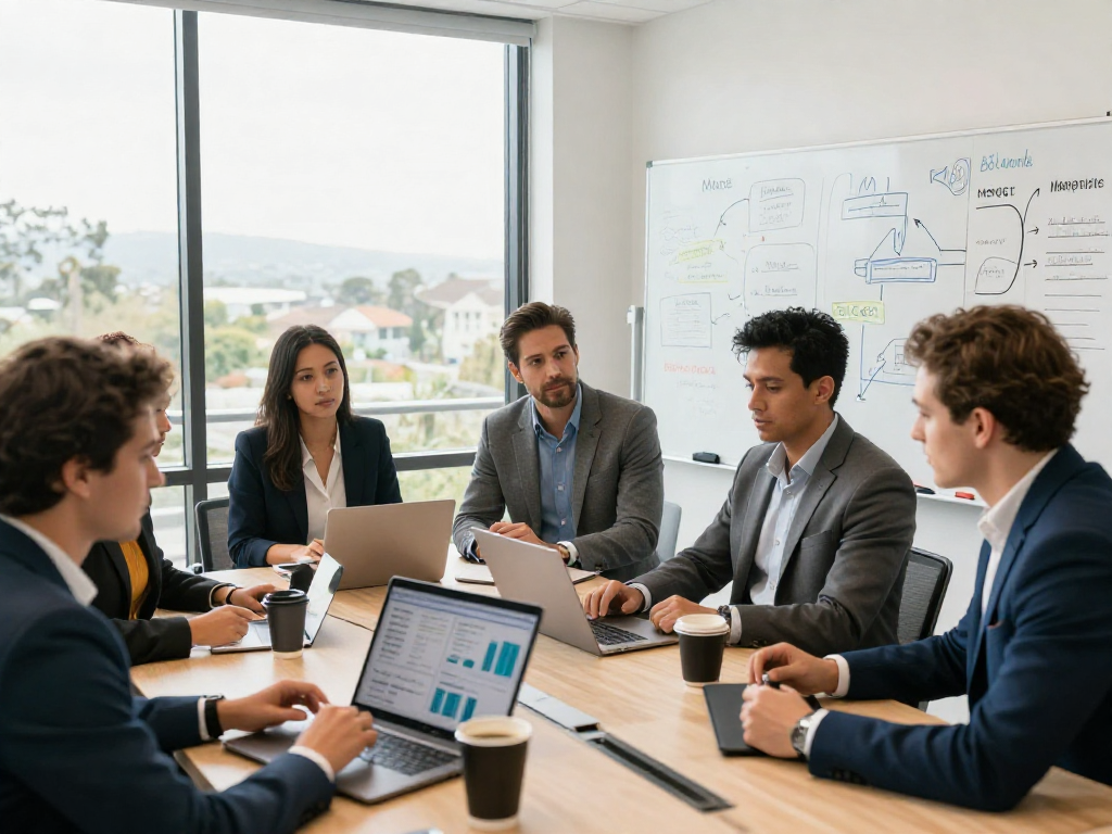 Collaborative meeting in a modern office, showcasing an Orange County SEO company strategizing for local market dominance.