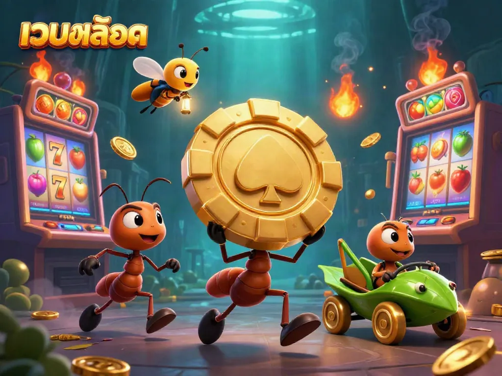 Engaging 3D representation of เว็บสล็อต with cartoon ants leading a colorful casino heist featuring vibrant slot machines.