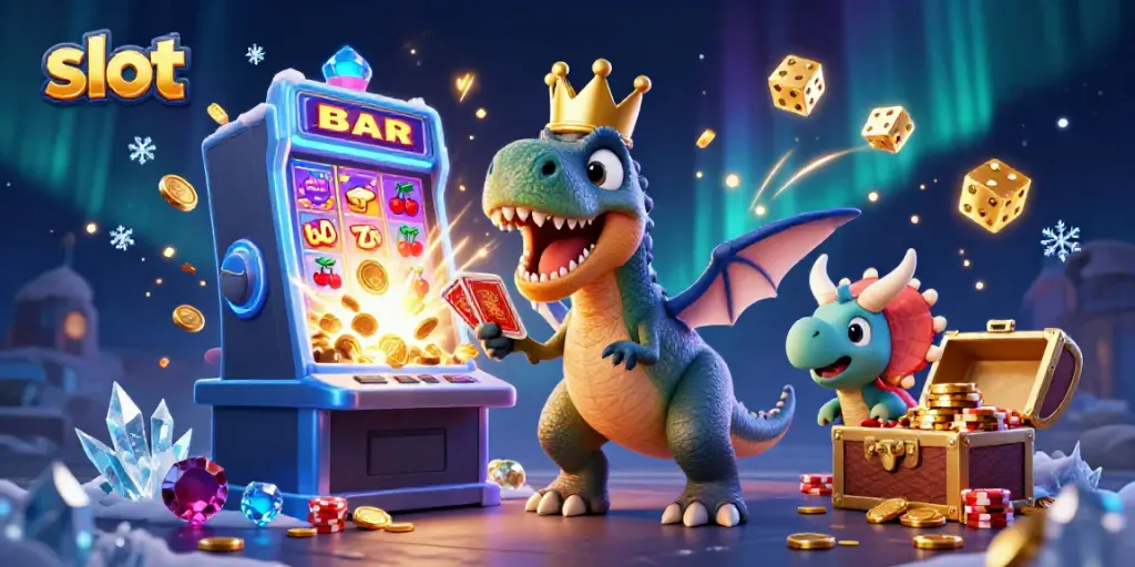 Experience exciting slot action with colorful characters and vibrant casino elements in a 3D illustration.