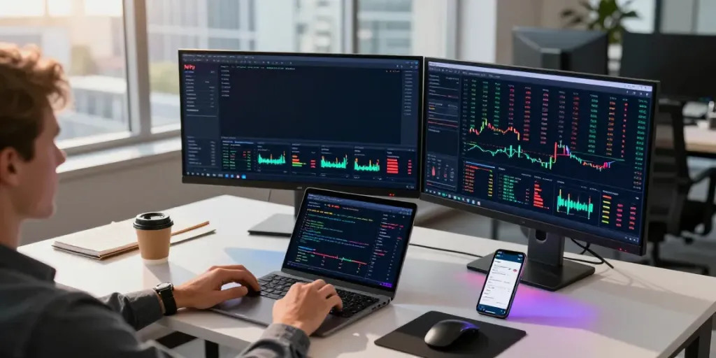 Nifty 50 real-time API displayed on trading monitors in a high-tech cryptocurrency workspace with advanced analytics.