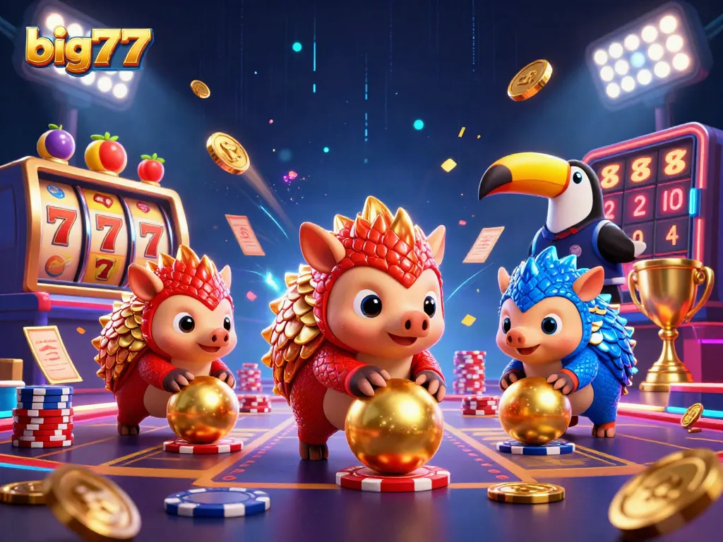 Experience exciting gameplay with big777 as cartoon pangolins navigate slot machines and jackpots.