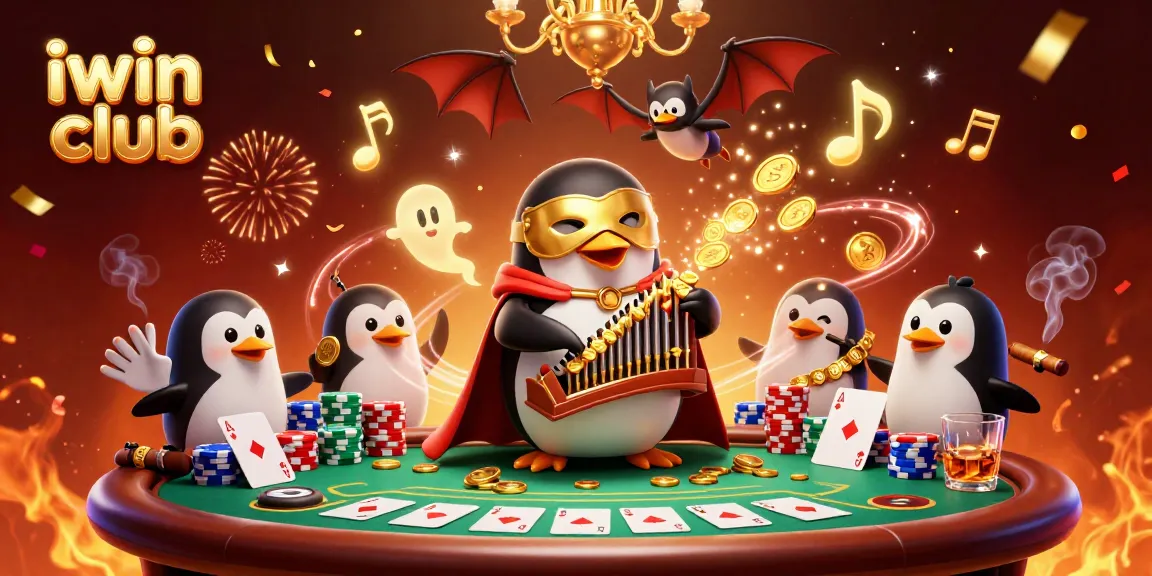 Engage with iwin club's vibrant casino scene featuring a penguin playing for gold.