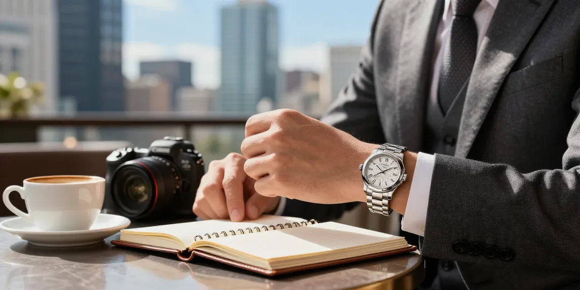 Stylish individual showcasing a pristine replica watch in a vibrant urban cafe setting.