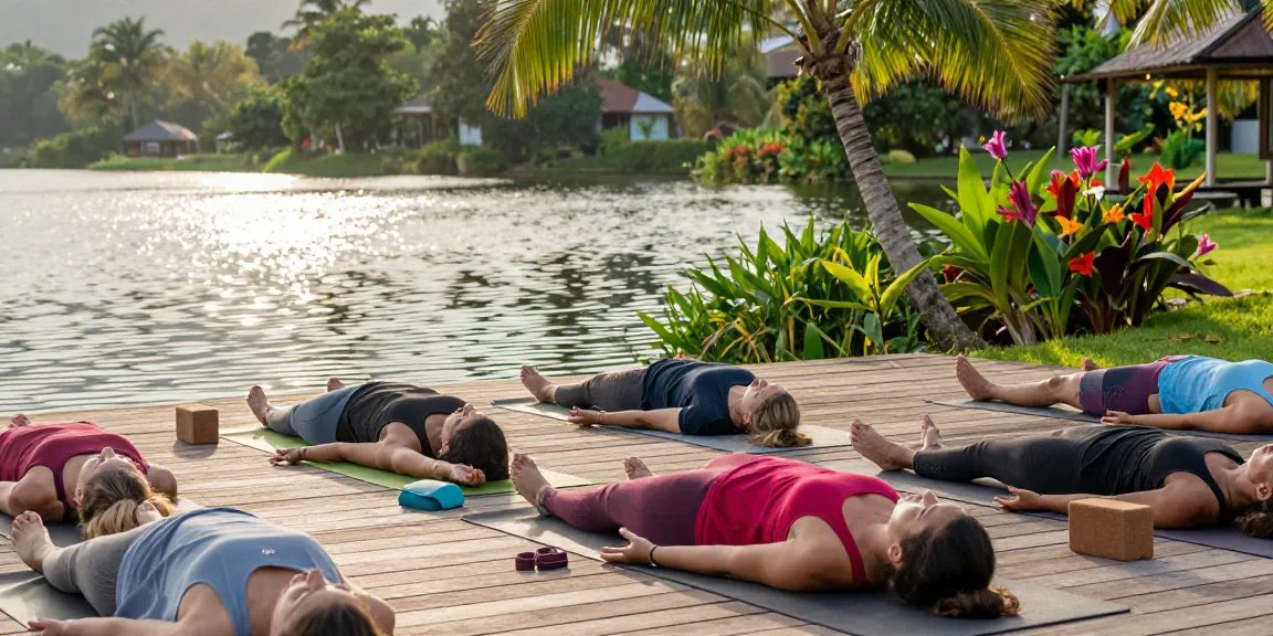 Yoga retreat Koggala practitioners enjoying a morning session by the tranquil lakeside.