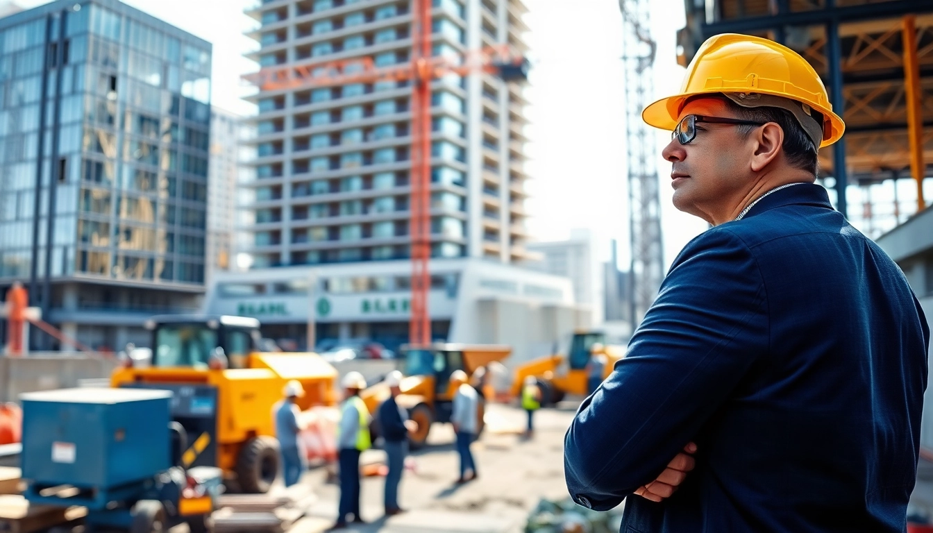 Manhattan Construction Manager directing a vibrant construction site with active workers and machinery.