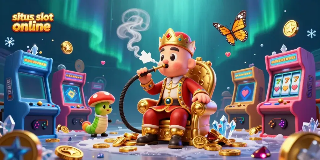 Permainan situs slot online dengan karakter utama raja ulat di kursi emas dikelilingi mesin slot yang berwarna-warni.