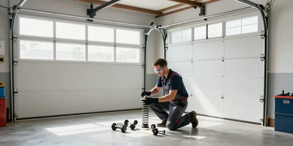 B&D garage door repair in progress by a professional technician in a well-lit garage.