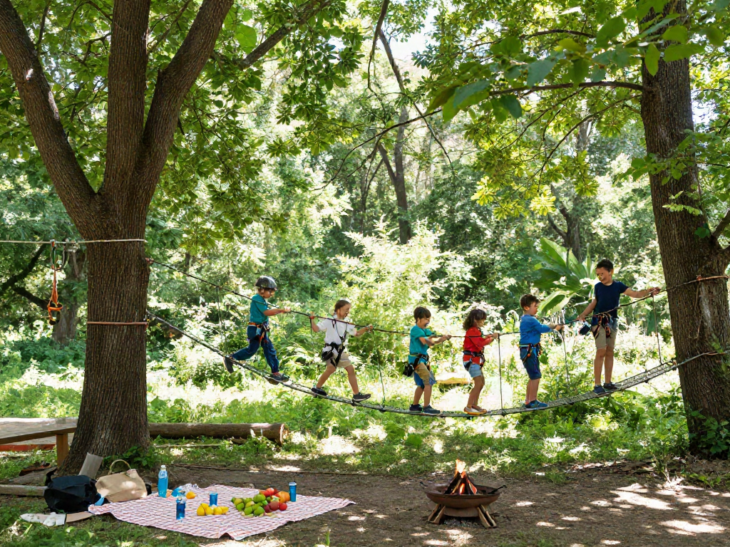 Family crossing a rope bridge in a sunlit forest, enjoying outdoor adventure.