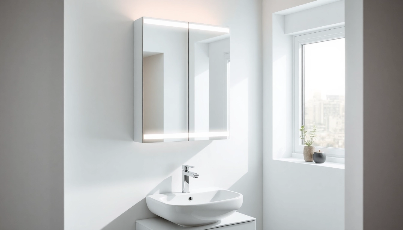Showcasing a stylish mirrored bathroom cabinet with light, perfectly integrated into a modern bathroom design.