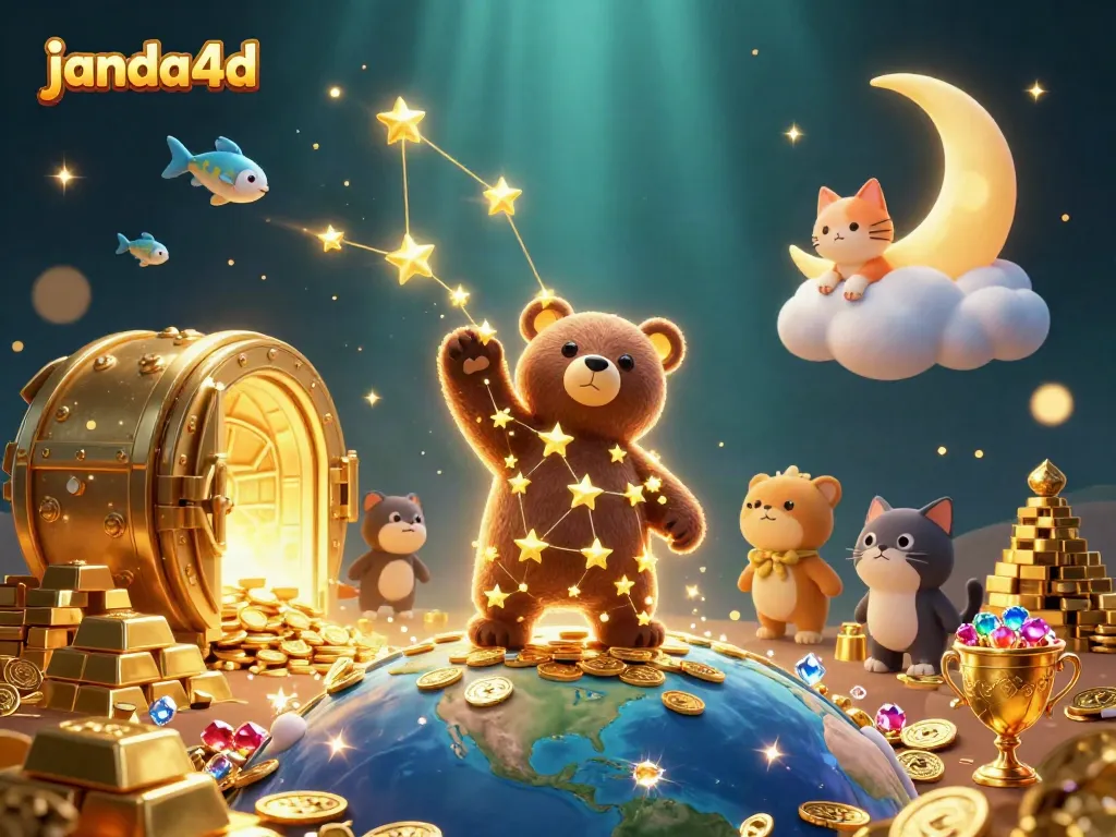 JANDA4D menghadirkan keseruan dengan gemerlap emas dan kucing bulan di langit.