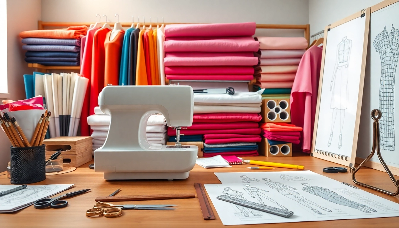 Best fashion tools displayed in a designer's workspace with sewing machine, swatches, and drafting tools.