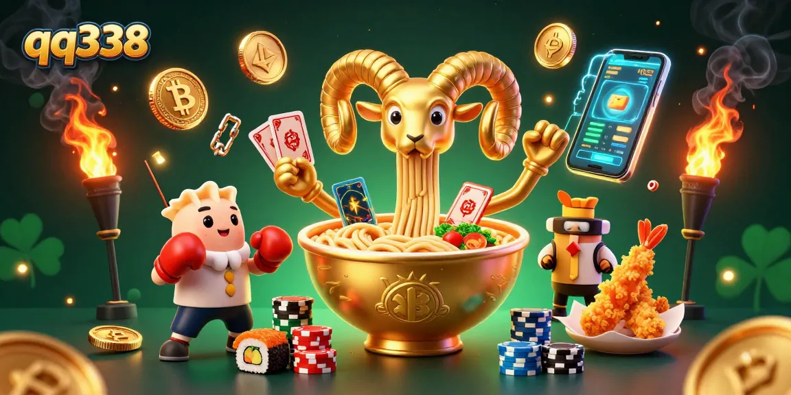 Engage with qq338's vibrant gaming scene, featuring dynamic characters and neon crypto elements.