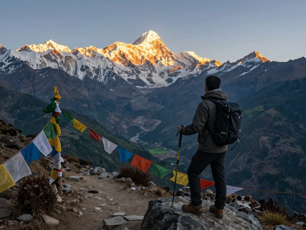 Annapurna Circuit trekker at Thorong La Pass, surrounded by stunning Himalayan scenery during sunrise.