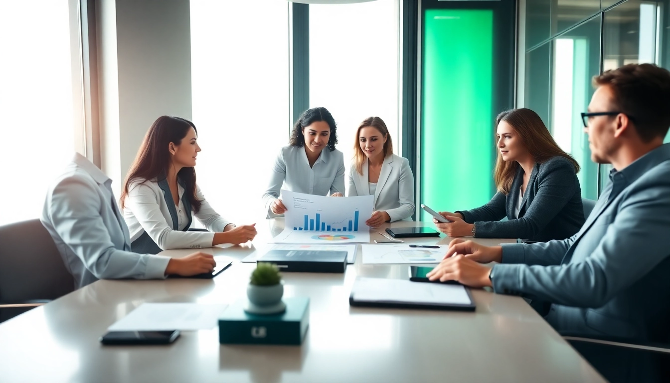 Engaged team discussing Real Estate Finance strategies in a modern office environment.