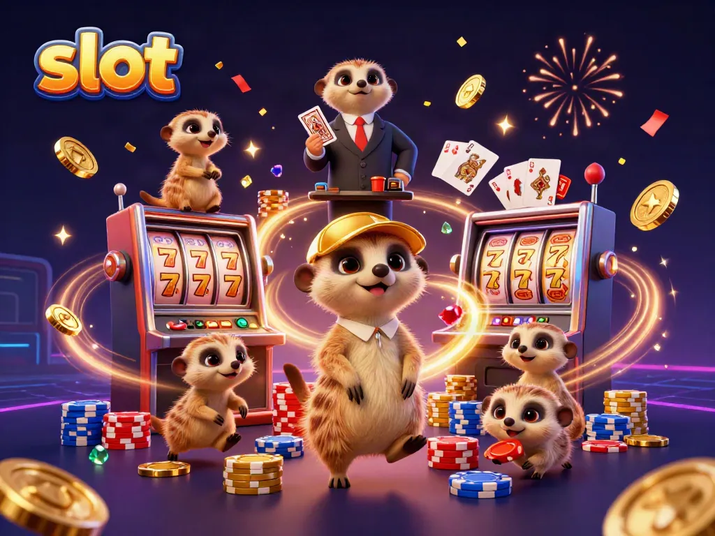 Enjoy exciting slot actions with meerkats running a vibrant casino with golden coins and slot reels.