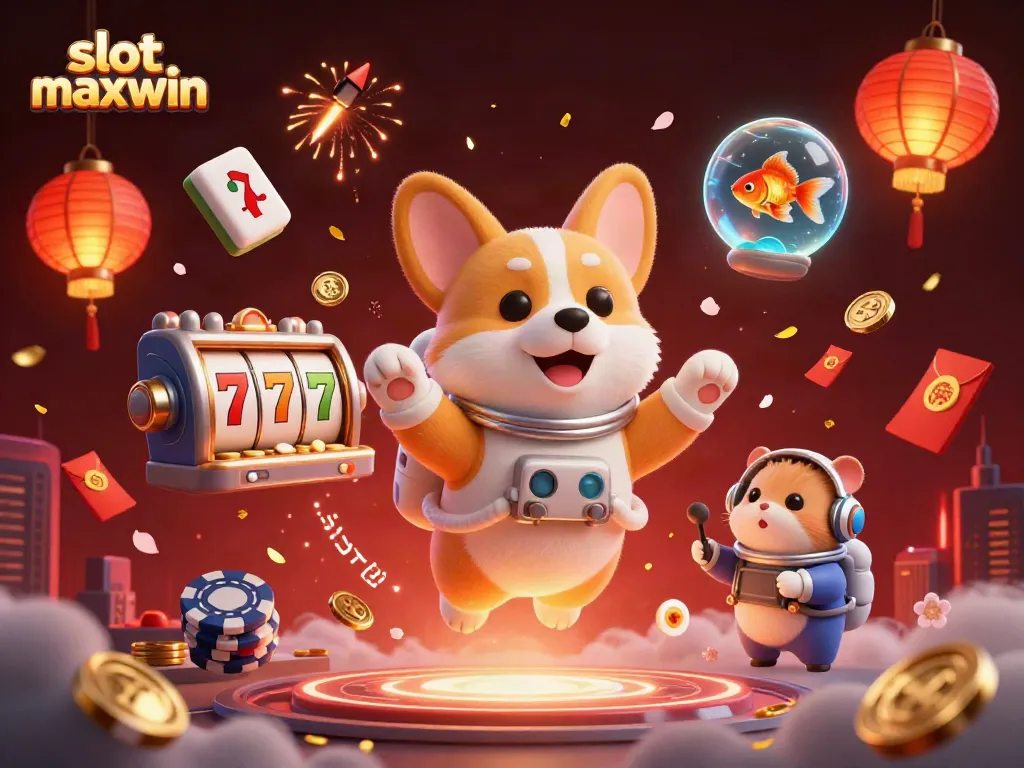 Experience thrilling excitement with slot maxwin as a cartoon astronaut corgi enjoys a space casino adventure.