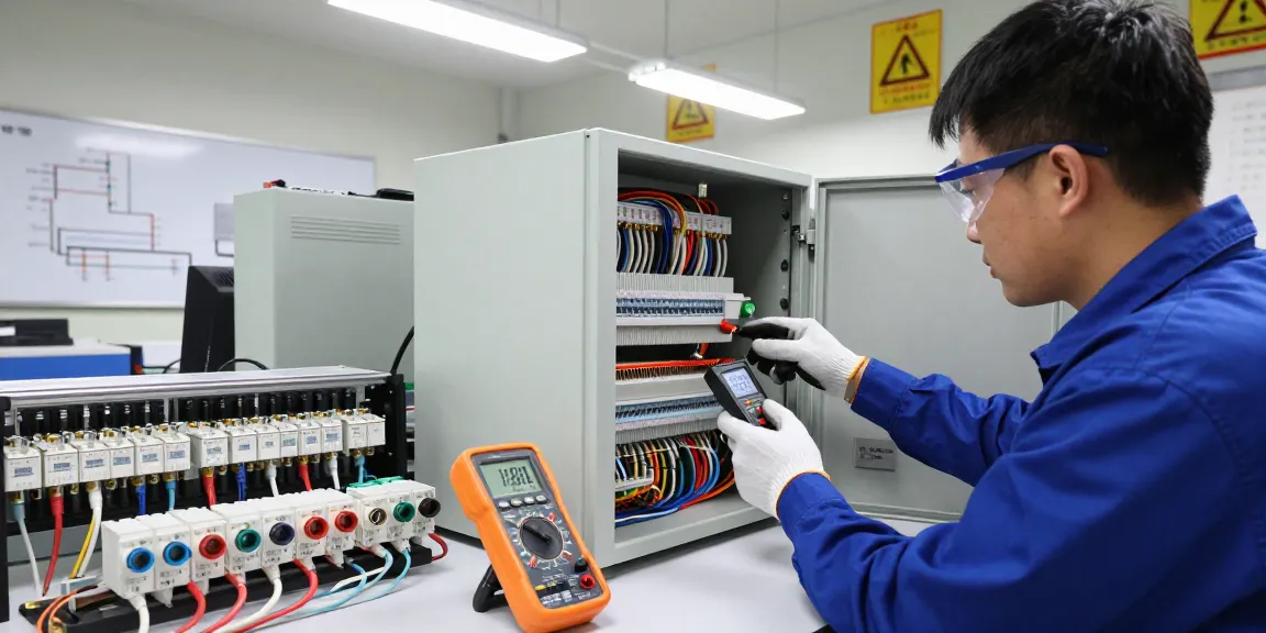 C19/C20 connectors inspection in an industrial electrical engineering setting with technician verifying connections.