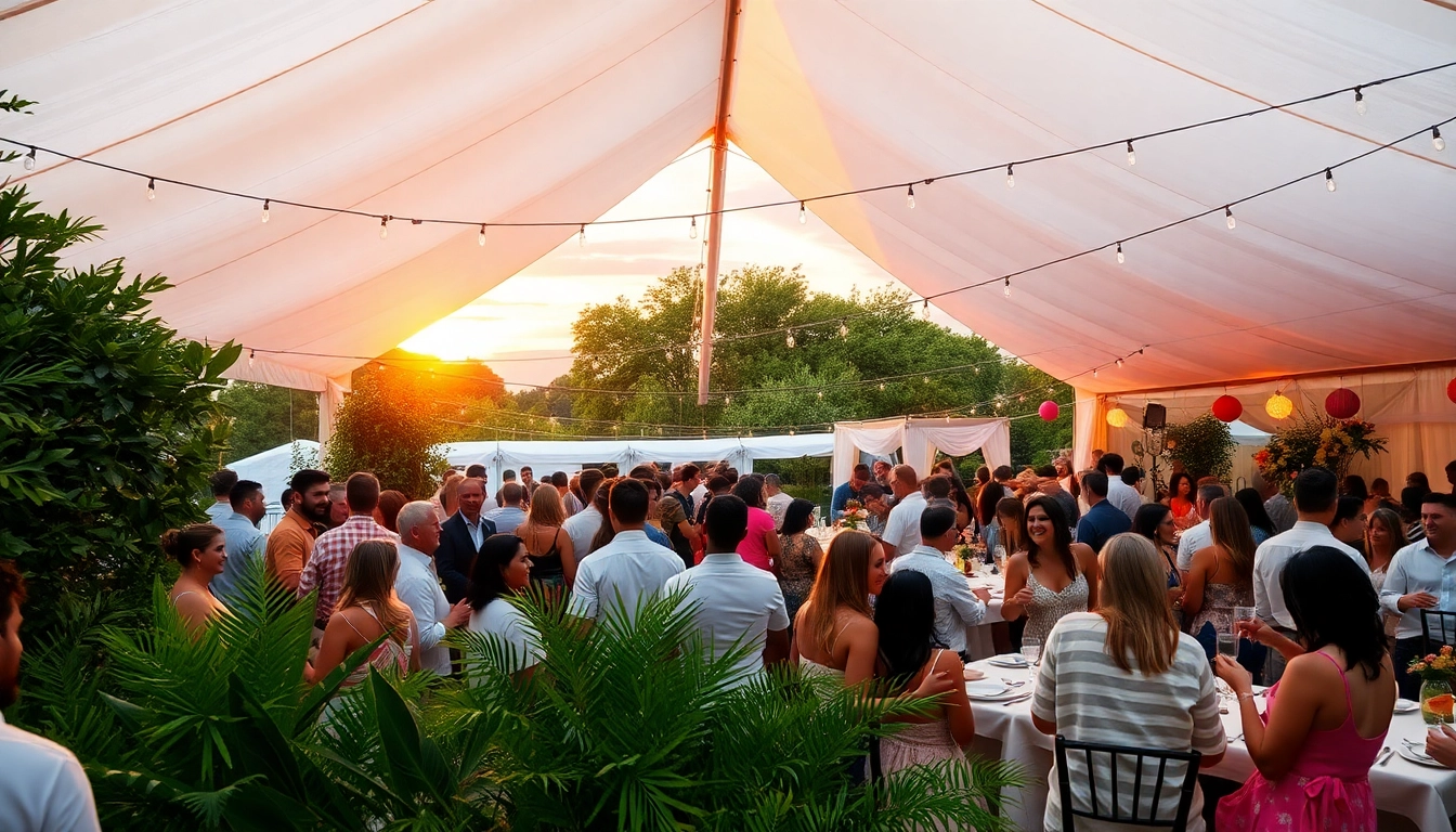Party Tent Rentals setting showcasing joyous guests enjoying vibrant festivities and elegant decorations.