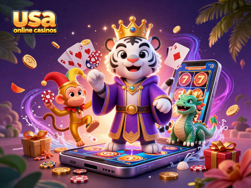 Experience the excitement of usa online casinos with adventurous characters and vibrant casino elements.