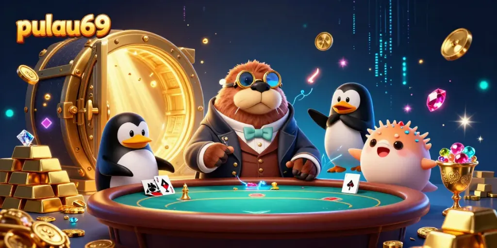 Engage in thrilling poker gameplay at pulau69 with a walrus, penguin dealer, and a pufferfish bluffing.